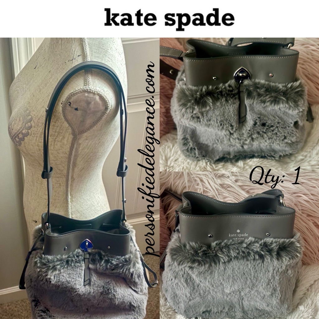 New Kate Spade Marti Gray Faux Fur Leather Small Bucket Satchel Handbag